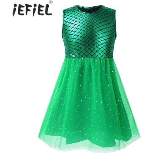 Kids Girls Mesh Tutu Dress Party Clothes Sleeveless Fish Scales Printed Tank Top Glittery for Halloween Birthday Theme Dresses