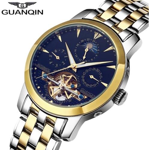 Watch Mechanical GUANQIN Watch Male Luminous Moon Phase Calendar Date Automatic Self-wind Skeleton Tourbillon Mechanical Watch