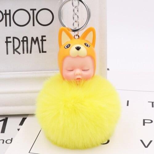 Cute Sleeping Baby Doll Keychain Pompom Rabbit Fur Ball Car Keyring Baby Toy Key Chain Women Key Holder Bag Pendant Jewelry