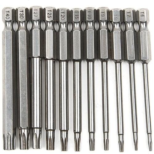 New 11Pcs 75Mm Magnetic S2 Steel Screwdriver Bits Hex Torx Head T6/T7/T8/T9/T10/T15/T20/T25/T27/T30/T40