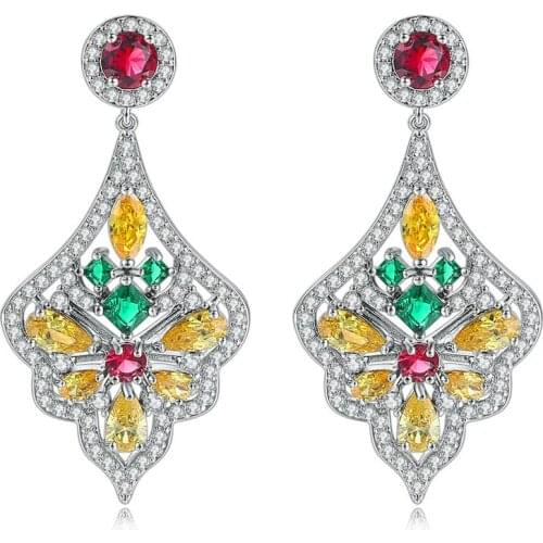 Luxury Drop Earrings For Women Hollow Out Multicolor Cubic Zirconia Silver Color Party Gift Fashion Jewelry E123