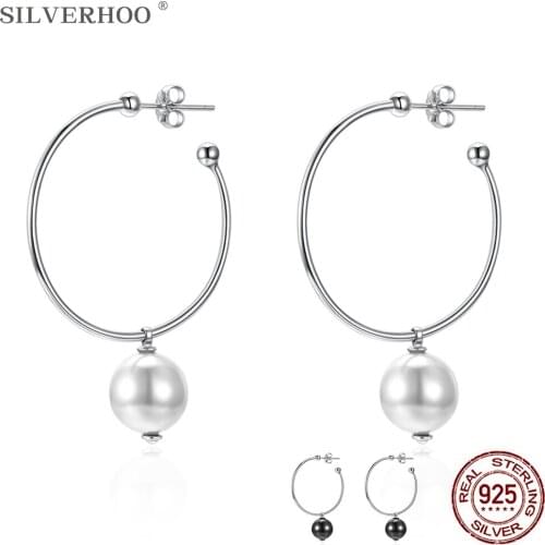 SILVERHOO 925 Sterling Silver Pearl Pendientes Hoop Earrings For Women Two Colors Shell Pearl Fashion Party Jewelry Hot Sale