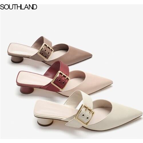 SOUTHLAND 2021 Spring New Ladies metal square buckle Pointed Toe Mules Thick heel sandals High heel slippers