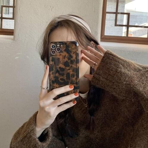 Vintage Amber Leopard Phone Case for iphone 12 11 pro max X XS XR 8 Plus 12mini ins Popular Soft IMD Cover Gift for Woman Girl