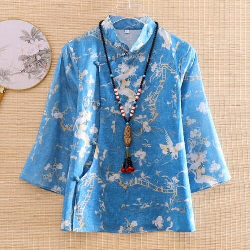 High-end New Style Autumn Women Flax Jacket Top Chinese Style Retro Print Crane Elegant Lady Coat Female S-2XL