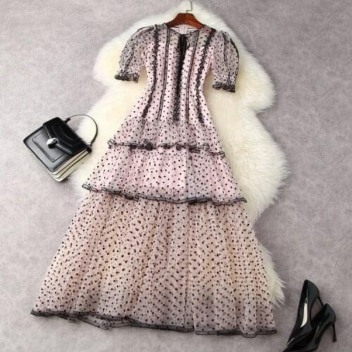 European and American womens clothing spring 2021 new Hubble-bubble sleeve Polka-dot pink mesh Fashion dress