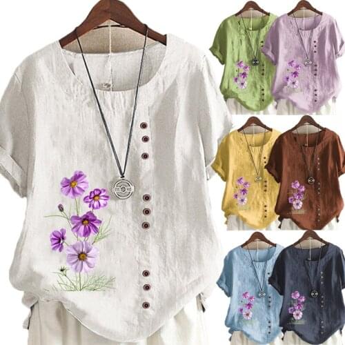 Womens New Fashion Summer Floral Printed Round Neck Short Sleeve T-shirt Casual Loose Solid Color Blouse Tops Plus Size