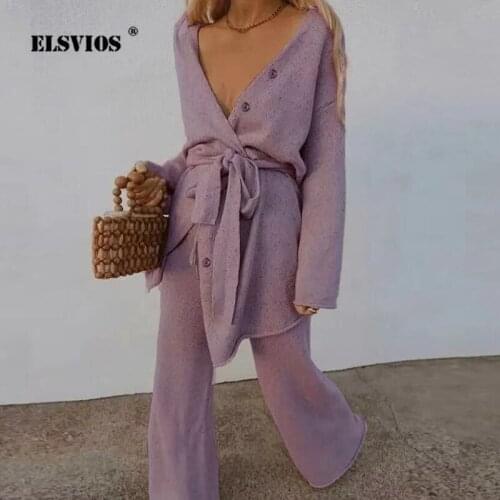 Women Winter 2021 V-neck Two-piece Suit Elegant Long Sleeve Trousers Solid Buttons Cardigan Lace-up Set Fall Ladies 2 Piece Suit