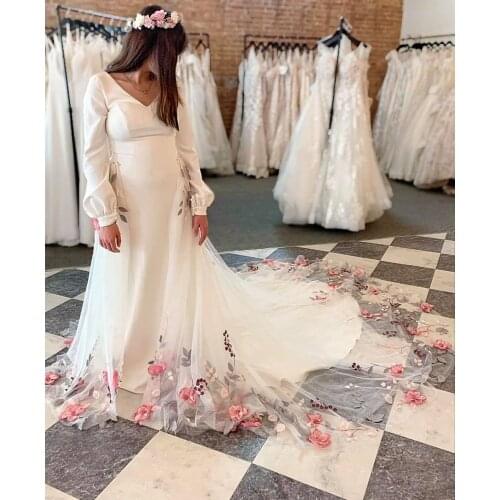 Colorful Bidal Wedding Dress 2021 Satin vestidos de novia Detachable Skirt Designer robe de soirée de mariage Long Sleeves