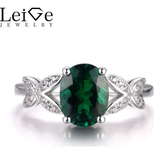 LeiGe Jewelry Emerald Engagement Rings May Birthstone Rings Oval Cut Green Gems Ring 925 Sterling Silver Vintage Rings for Women