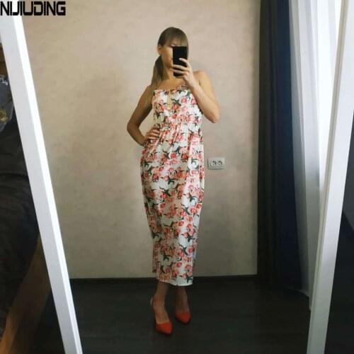 NIJIUDING Women Spaghetti Strap Dress 2020 Summer Female Print Floral Vintage Sleeveless A-line Bohemian Beach Vest Long Dresses
