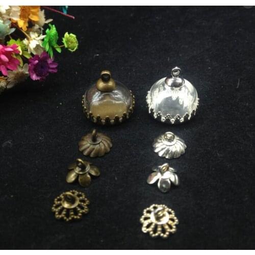 50sets/lot15mm half glass bubble &bronze/silver plated pendant & one cap DIY Glass vial ball cover pendants charm diy jewelry