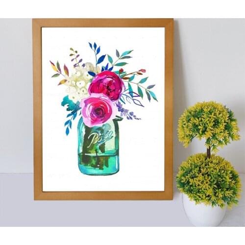 Watercolor Flowers Mason Jar Print Kerr Ball Jar Bouquet Wall Art Canvas Painting Peony Rose Pink Picture Home Room Wall Decor