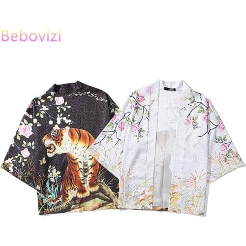Bebovizi Black White Tiger Fashion Kimono Japanese Men Women Couples Wear Loose Harajuku Japan Kimonos Robe Cosplay Blouse Tops