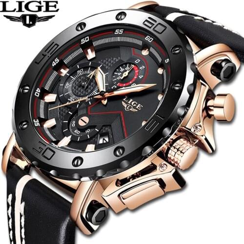 2019LIGE New Fashion Mens Watches Top Brand Luxury Big Dial Military Quartz Watch Leather Waterproof Sport Chronograph Watch Men