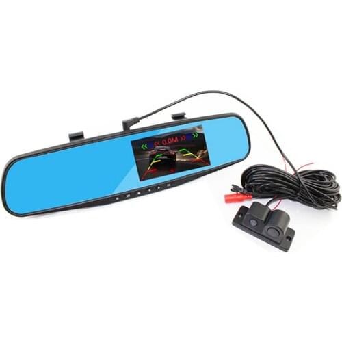 Double Recording Before And After Reversing HD 1080P 4.3 Inch Blue Screen Rearview Mirror Rriving Recorder+Parking Sensor