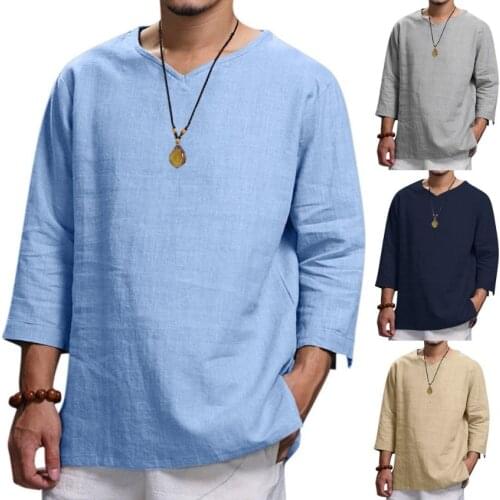 New Mens V Neck Cotton Linen T Shirts Male Breathable Solid Color Long Sleeve Casual Sports Fashion Linen T-Shirt Tops M-4XL