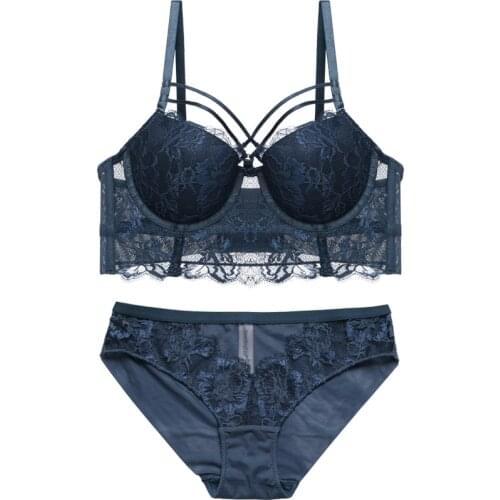 Bra Set Push Up Sexy Lingerie Set Womens Underwear Strappy Cup Underwire Padded Wide Lace Trim Stretchy Deep V Gather Brassiere