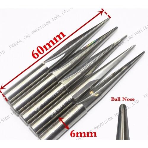 6mm*60L,5pcs,Free shipping Taper Ball nose Cone End Mill,CNC milling Cutter,Solid carbide tool,woodworking router bit