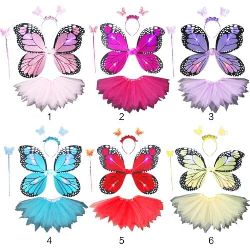 Kids 4Pcs Fairy Costume Set LED Simulation Butterfly Wings Pointed Tutu Skirt Headband Wand Princess Girls Party Skirt