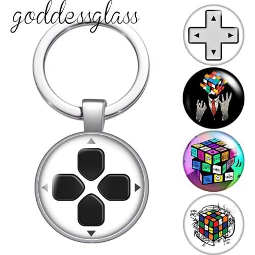Love Game Puzzle Cubes keyboard Photo Round glass cabochon keychain Bag Car key chain Ring Holder Charms keychains for gift