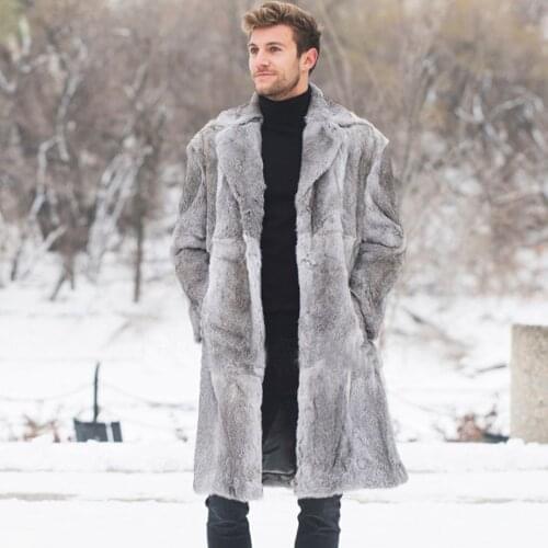 Real Fur Jacket Men Natural Rabbit Fur Coat 2021 New Winter Long Warm Overcoat Turn Down Collar Plus Size Custom