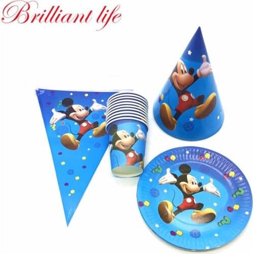 Tableware Supply Disney Mickey Mouse Theme 40pcs/lot Kid Boy Birthday Party Paper Cup Plate Flag Cartoon Cap Banner Supply