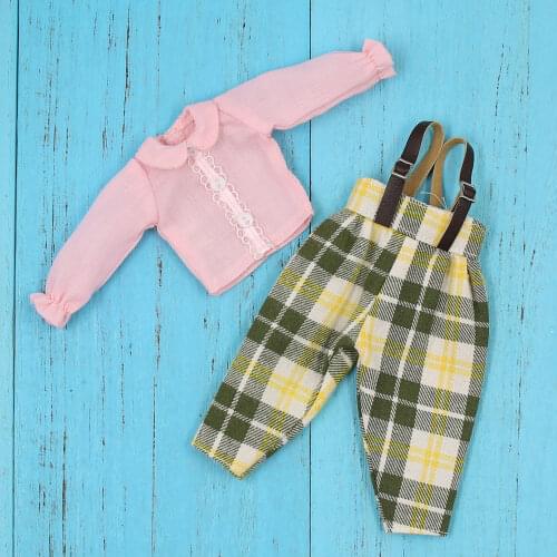 Outfits for Blyth doll Green Plaid Overalls with Pink Shirt suit for 1/6 azone BJD icy dbs