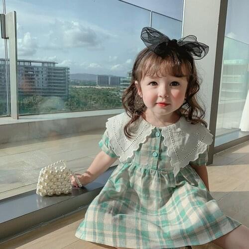 New 2021 Summer Plaid Girls Princess Dress Peter Pan Collar Toddlers Kids Short Sleeve Clothes Children Dresses
