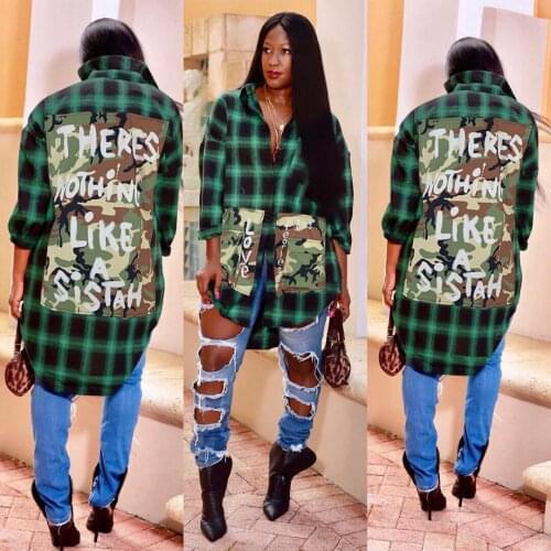 Autumn All-Match Checkered Camouflage Stitching Long High Street Shirt Jacket Top