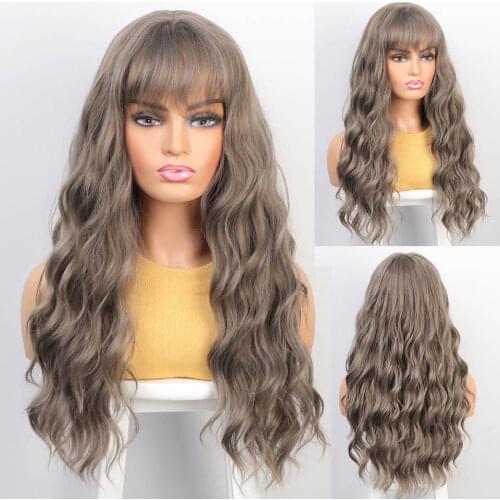 Aisibeauty Long Wavy Womens Wigs with Bangs Pink/Brown/Grey mixed Black Heat Resistant Synthetic Wigs for Women African American