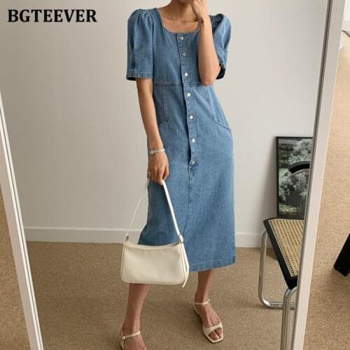 BGTEEVER Summer Stylish Chic Square Collar Women Denim Dresses Puff Sleeve Single-breasted Loose Female Jeans Dress 2021