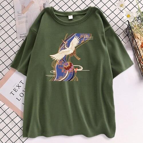 Chinese Painting Crane Print Womens Tshirts Vintage Summer Loose T Shirt Comfortable Casual Tops Street Big Size Women Tshirt