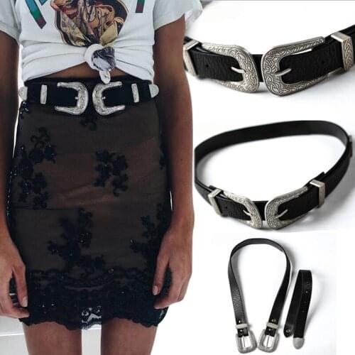 Women Belts PU Leather Double Buckle Solid Color Stylish Fashion Vintage Boho Brand New High Quality Waistband