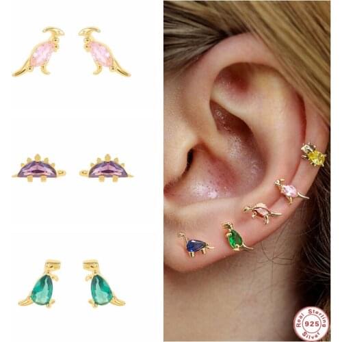 GS 925 Sterling Silver Cute Dinosaur Stud Earrings For Women Tiny Colored Zircon Crystal Animal Cartilage Ear Studs Jewelry
