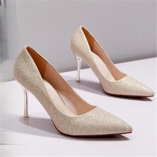 2019 HOT Women Pumps Sequined Cloth Pointed Toe 9CM Thin Heels Wedding Office High Heel shoes woman