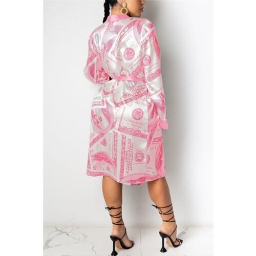 Womens Satin Robe Trendy Dollar Print Long Sleeve Silky Kimono Bathrobe Sleepwear with Belt