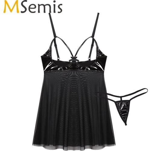 MSemis Women Adult Erotic Sexy Parties Lingerie Set Open Bra Mesh Transparent Chemise Babydoll Sleepwear Dress Micro Underwear