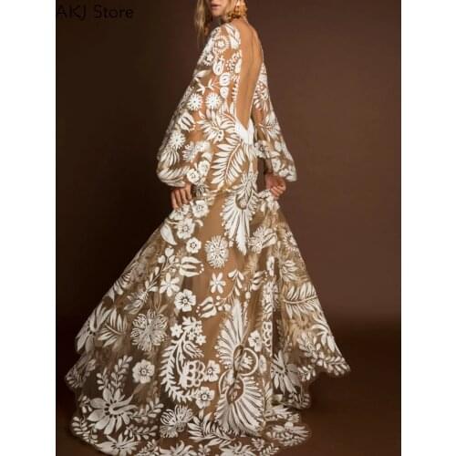 Women Deep V Mesh Embroidery Puff Sleeveless Backless Maxi Party Dress