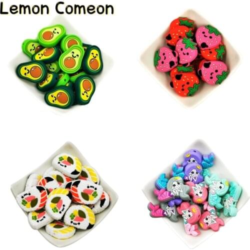 Food Grade Baby Teething Teether Beads 20Pcs Loose Cartoon Avocado Lemon Strawberry Silicone Beads DIY Stroller Accessories