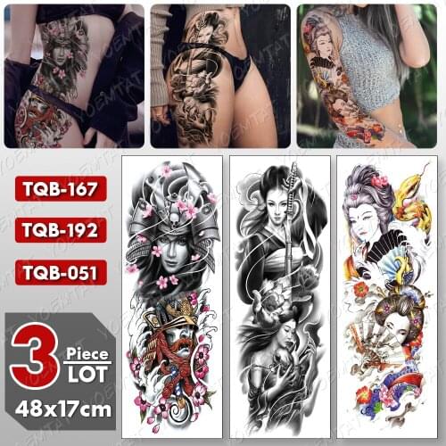 3 pcs/lot Large Arm Sleeve Tattoo Geisha Cherry Blossoms Waterproof Temporary Tatto Sticker Leg Body Art Full Fake Tatoo Women