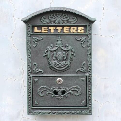 Antique Green Angel Badge Iron Wall Mail Box With Gold Letters Sign On European Home Garden Wall Decor Antique Gold Letter Box