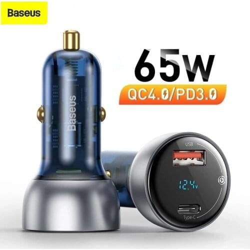 Xiaomi Baseus 65W Dual USB Quick Car Charger QC4.0 QC3.0 Type C PD LED Display Fast Charging For iPhone Xiaomi Mobile Phone