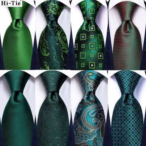 Hi-Tie Designer Teal Green Solid Paisley Silk Wedding Tie For Men Necktie Hanky Cufflinks Fashion Business Party Dropshipping
