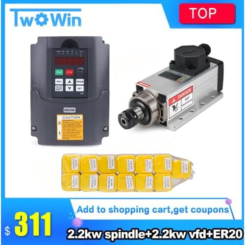 2.2kw Air-cooled square spindle motor kit 2200w spindle +2.2kw 220V inverter + ER20 collet air spindle motor engraving milling