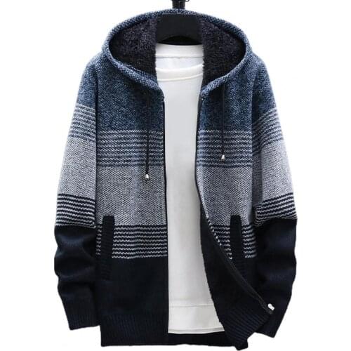 Men M-4XL Knitted Coat Color Block Hooded Autumn Winter Thicken Plush Warm Cardigan Sweater for Daily Wear