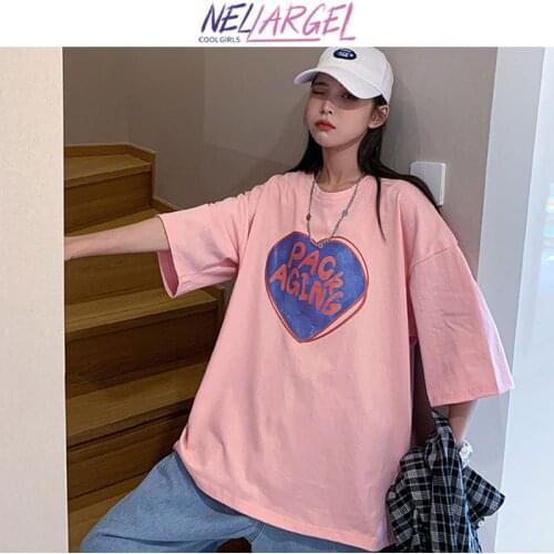 NELLARGEL Women Letter And Love Cyber Y2k Graphic Tee 2021 Summer Female Vintage Kawaii Tshirts Girl Korean Fashion T Shirts 3XL