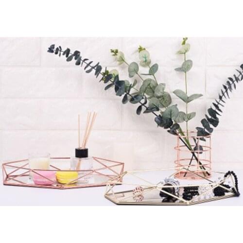 Nordic Makeup Storage Tray Jewelry Case with Acrylic Mirror Retro Metal Cosmetic Box Multifunction Tabletop Hexagon Organizer