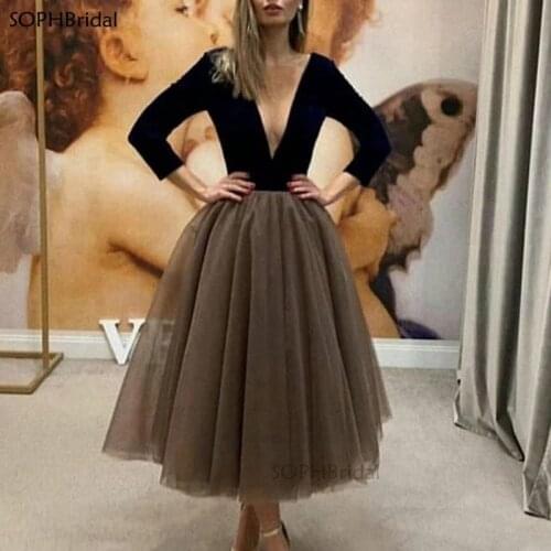 New Arrival Sexy V Neck Cocktail Dresses 3/4 Sleeve Ankle Length Evening Party Gowns Prom Gowns Tulle Robe de Soirée платье