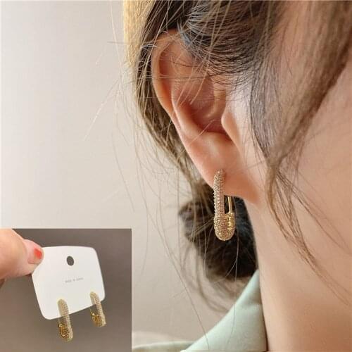 Punk Gold Rhinestone Safety Pin Stud Earrings Crystal Paper Clip Geometric Stylish Earrings for Women